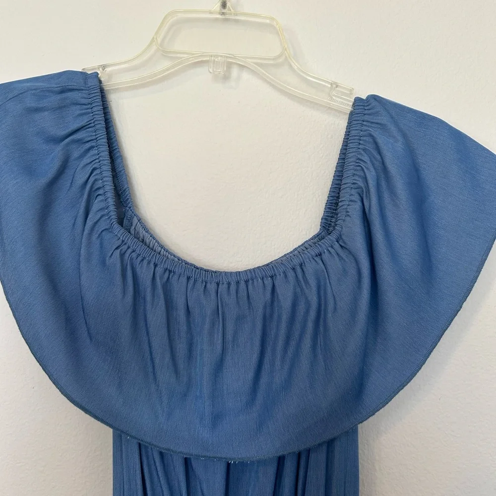 Elegant Blue Off-Shoulder Dress With Ruffles - Picture 3 of 7